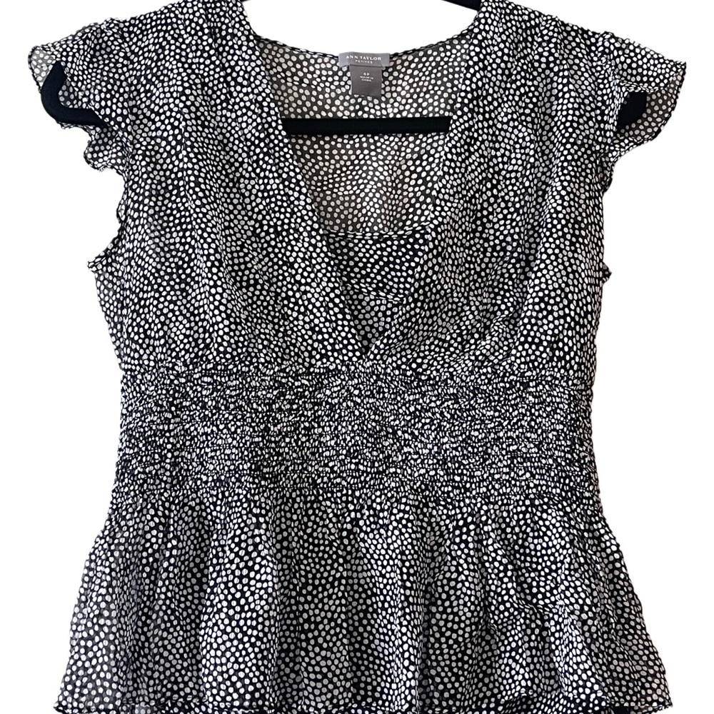 Ann Taylor Petites Polka Dot Chiffon Blouse Ruffle Hem Side Zip Top 4P